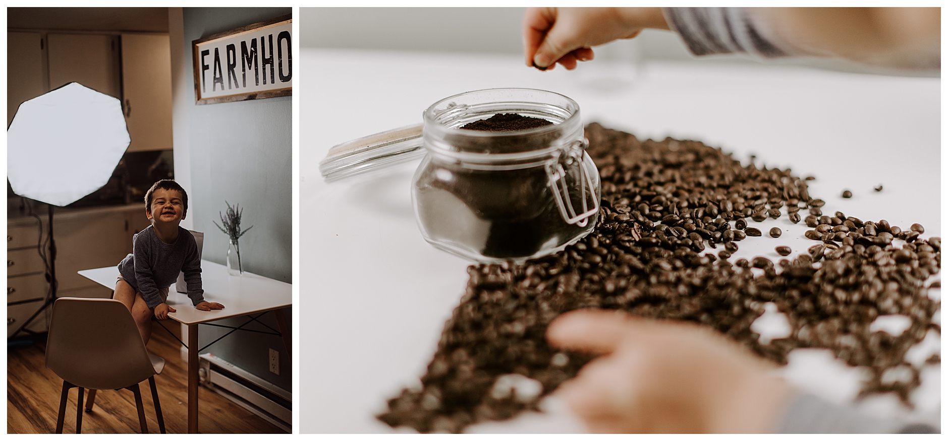coffee beans and coffee grounds with a port-a filter on a brown table