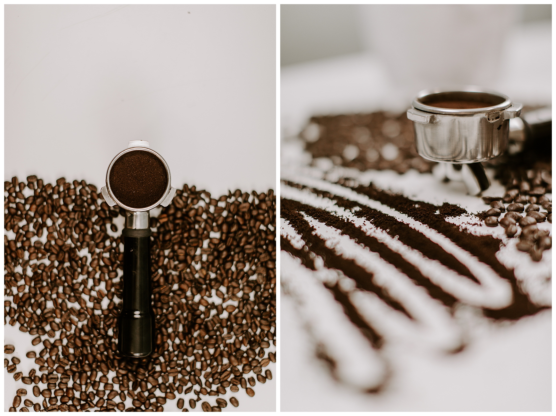 coffee beans and coffee grounds with a port-a filter on a brown table