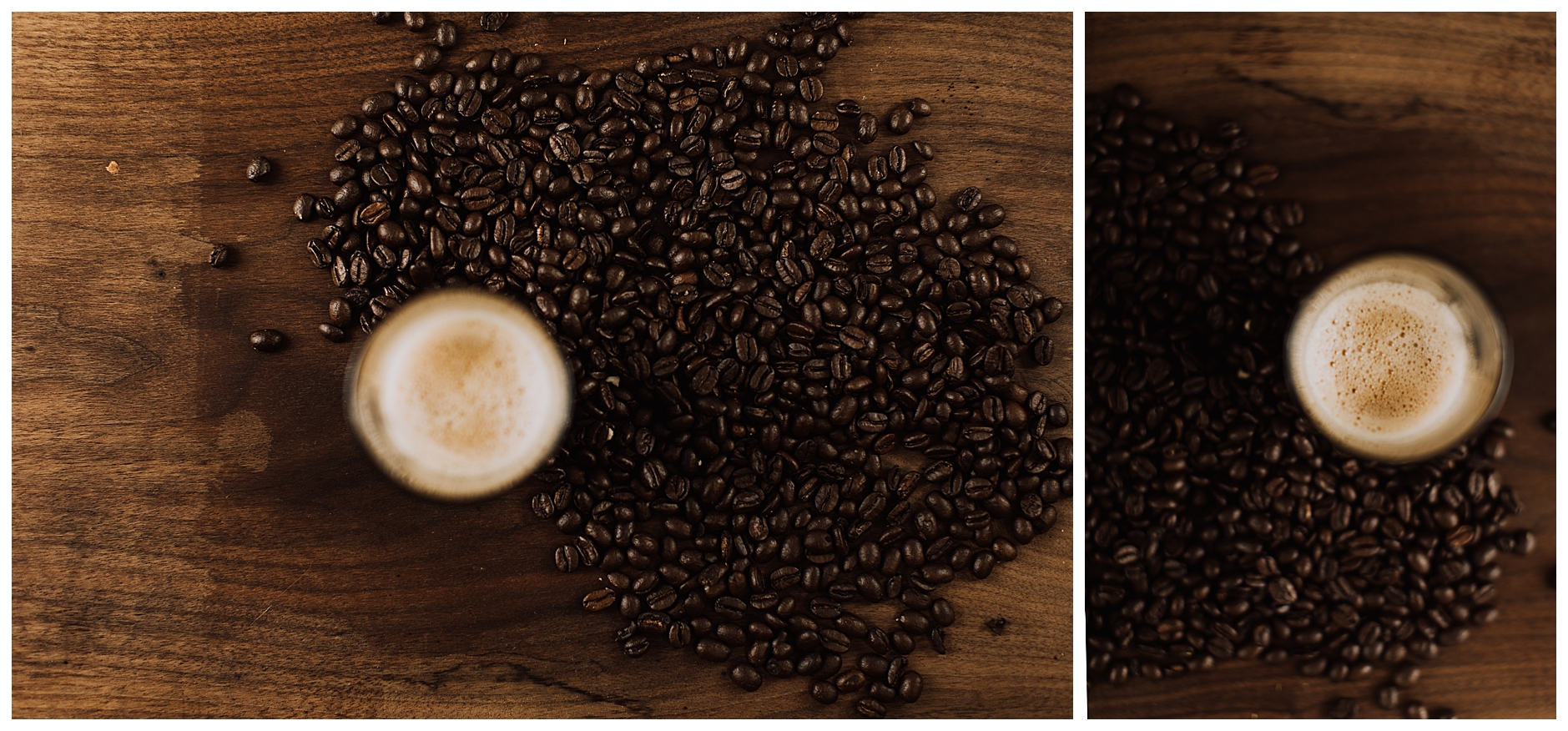 coffee beans and coffee grounds with a port-a filter on a brown table Espresso shots