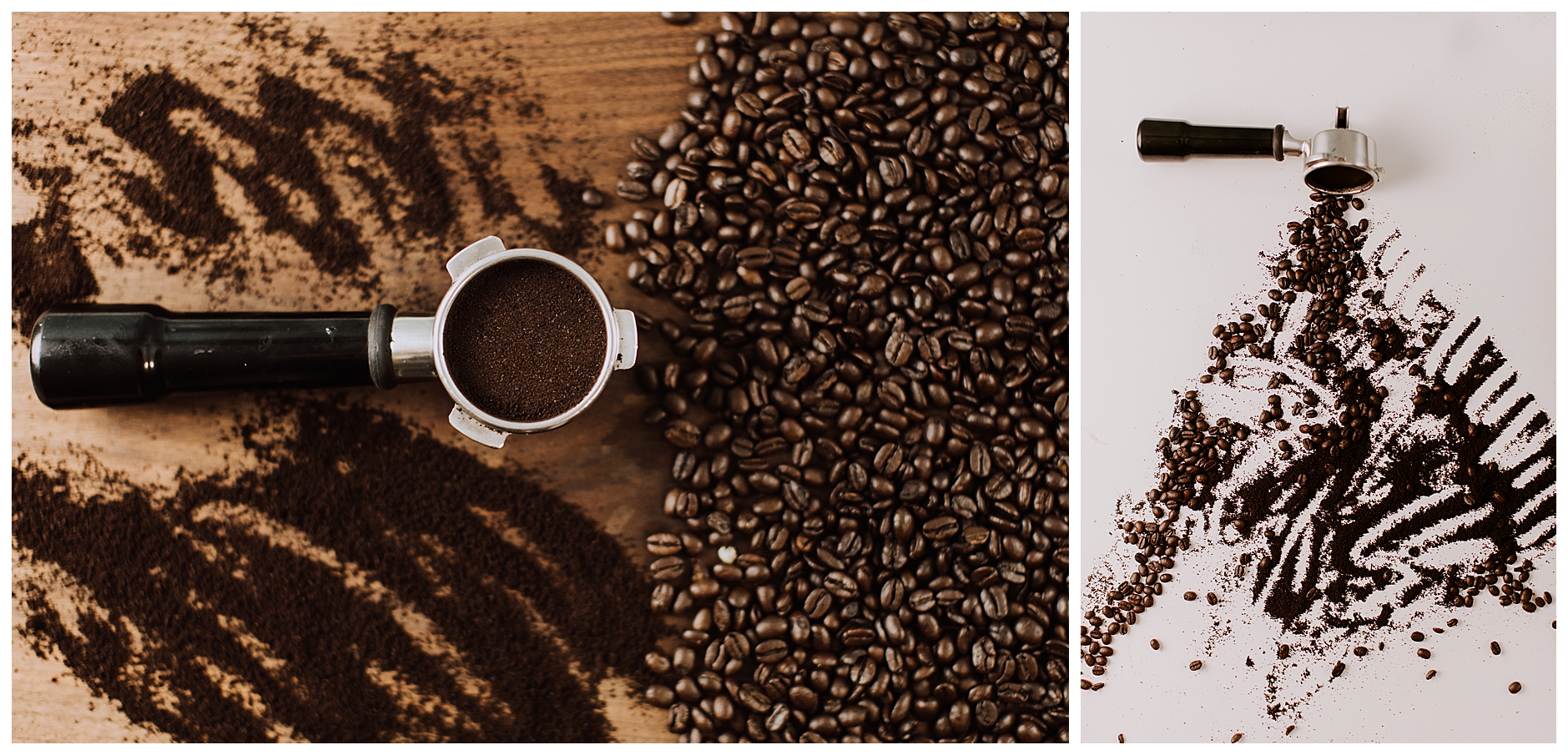 coffee beans and coffee grounds with a port-a filter on a brown table