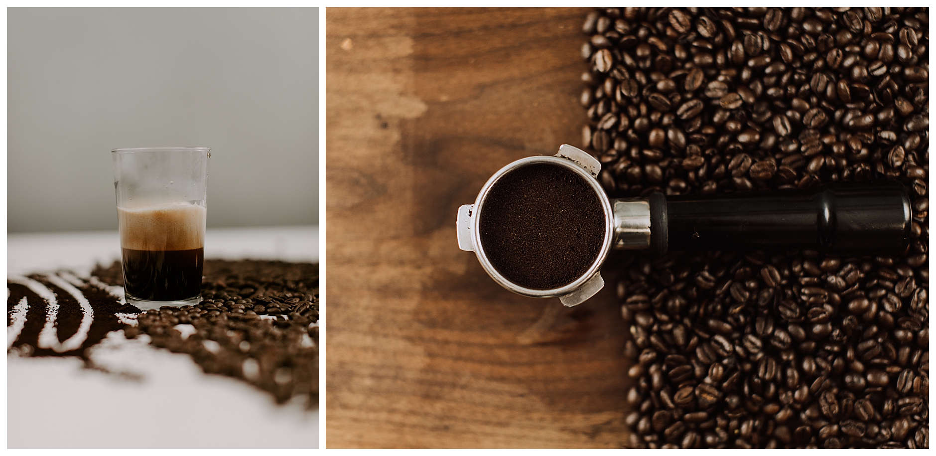coffee beans and coffee grounds and an espresso shot on a white table
