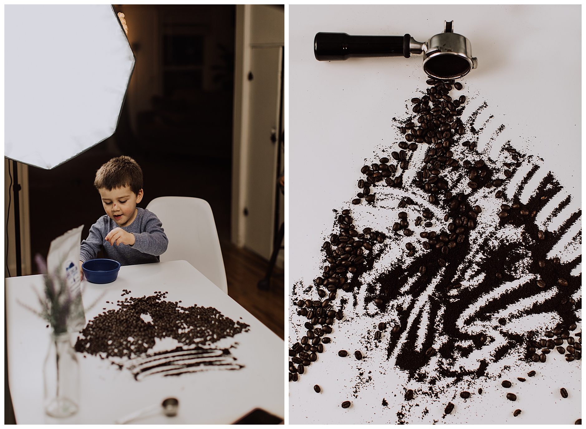 coffee beans and coffee grounds with a port-a filter on a brown table